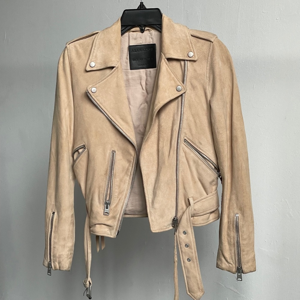 Beautiful All Saints 100% Goat Leather Suede Bomber Jacket Size 2